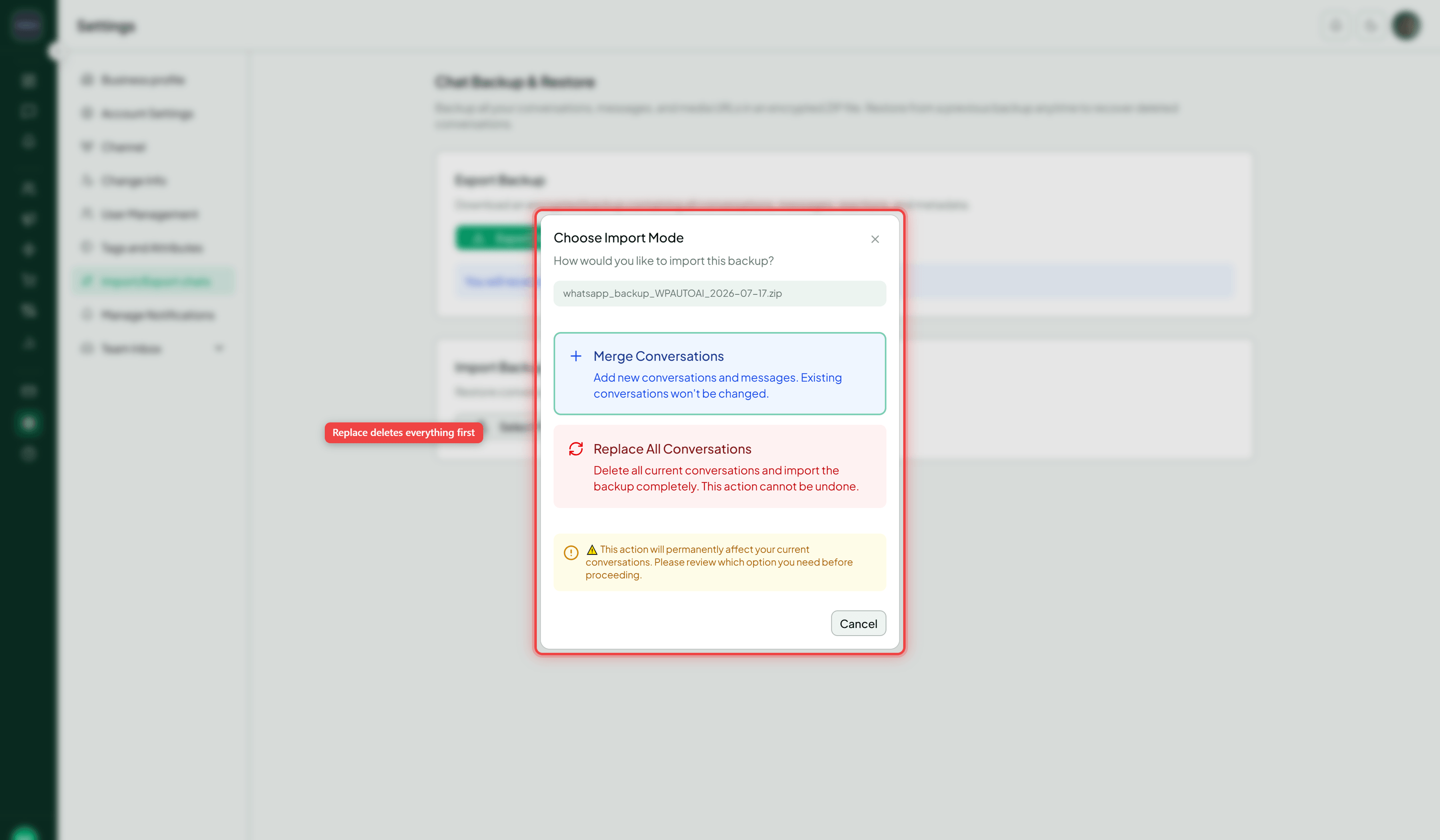 The Choose Import Mode dialog with the Merge Conversations and Replace All Conversations options highlighted