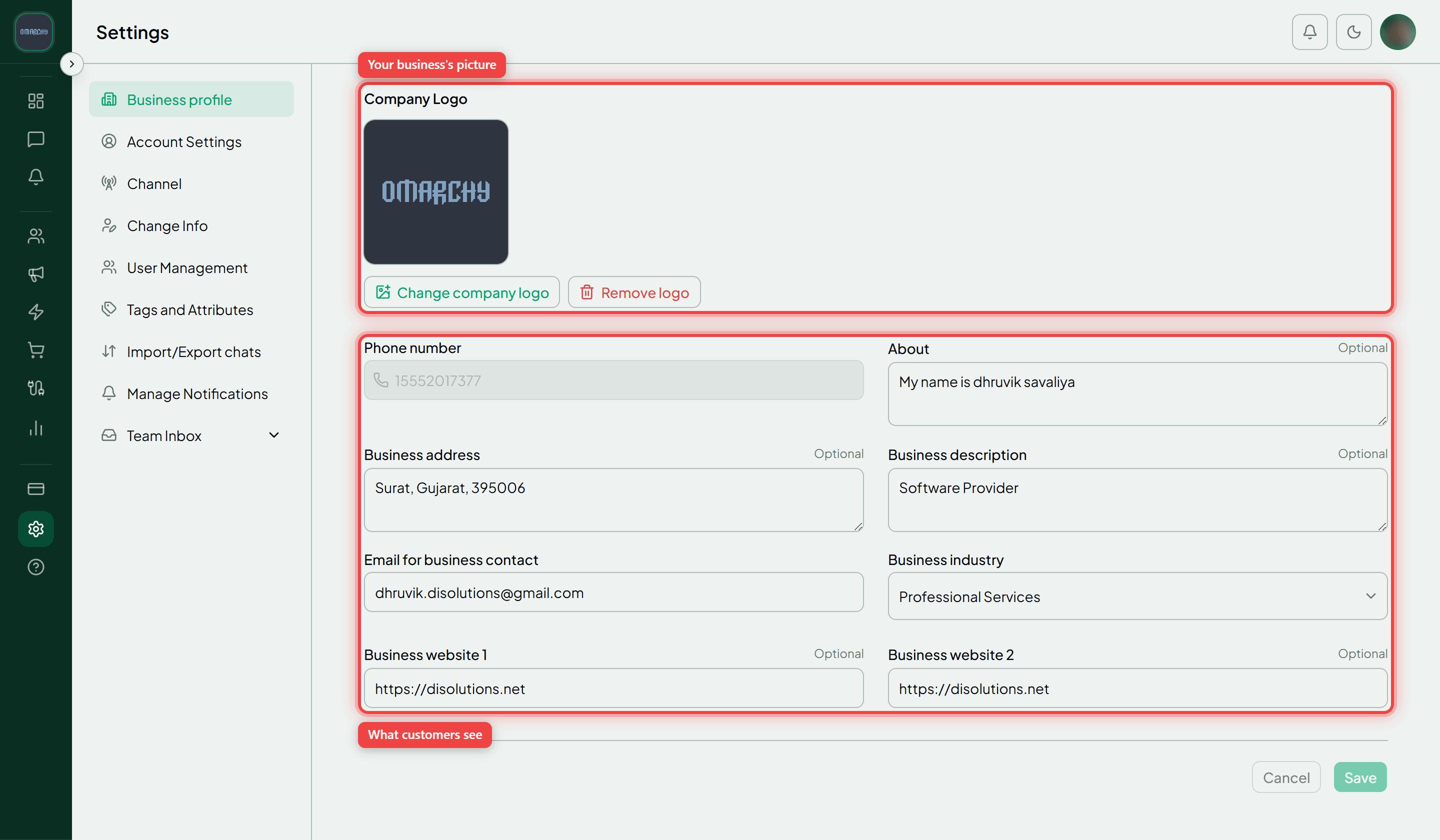The Business profile tab showing the Company Logo block and the profile fields below it