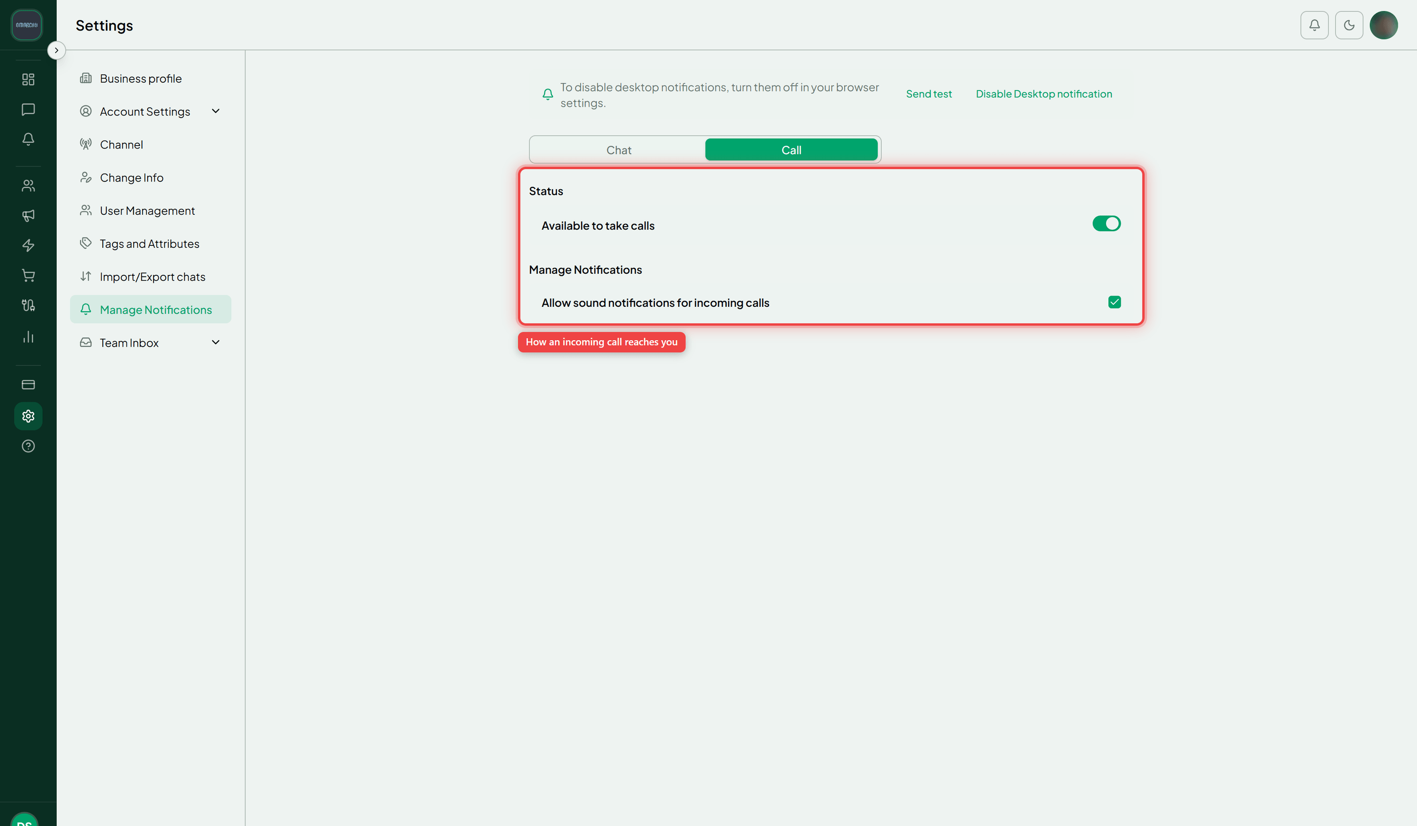 The Call tab with the Available to take calls and Allow sound notifications for incoming calls switches highlighted
