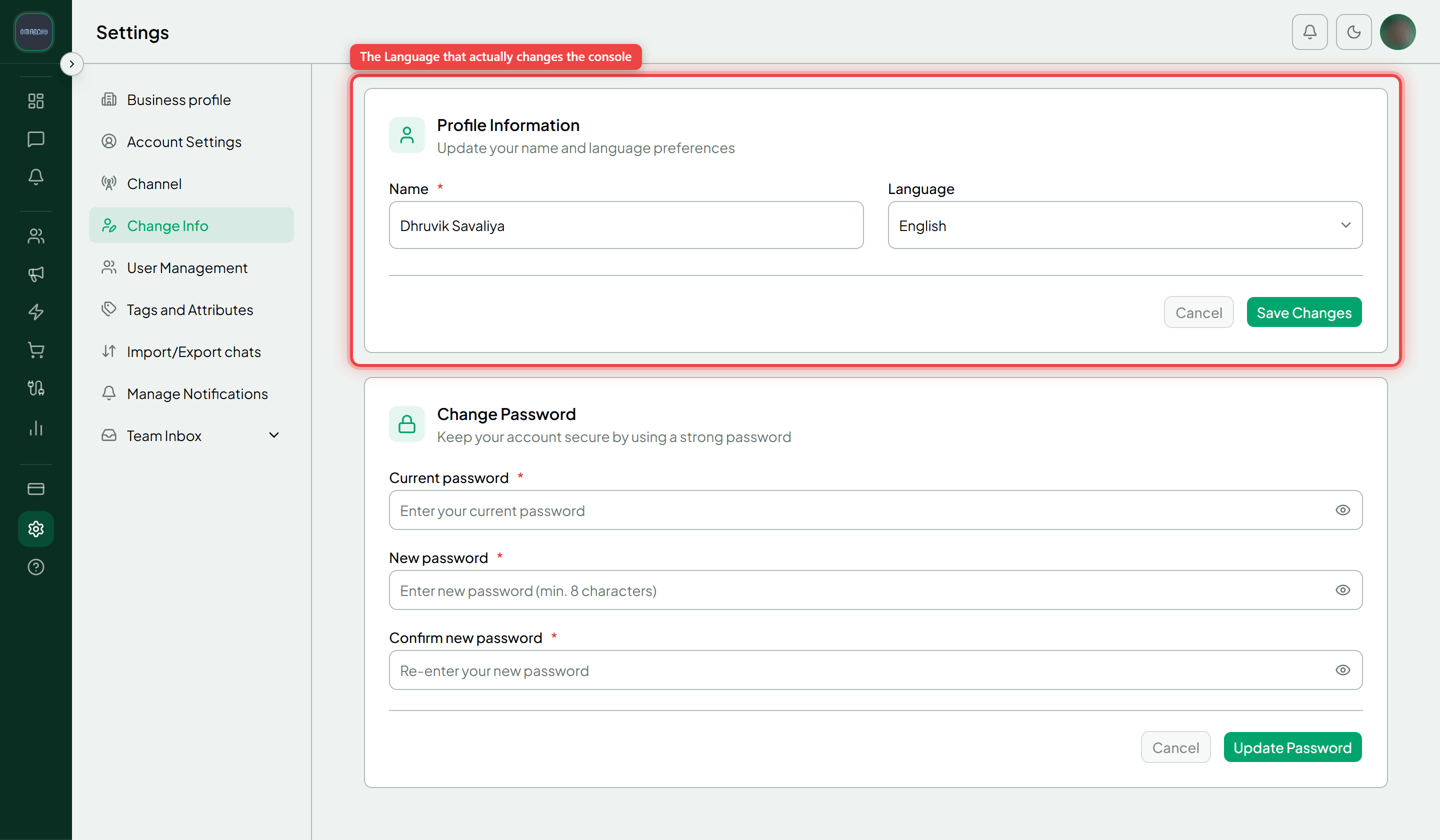 The Change Info tab with the Profile Information card and its Name and Language fields highlighted