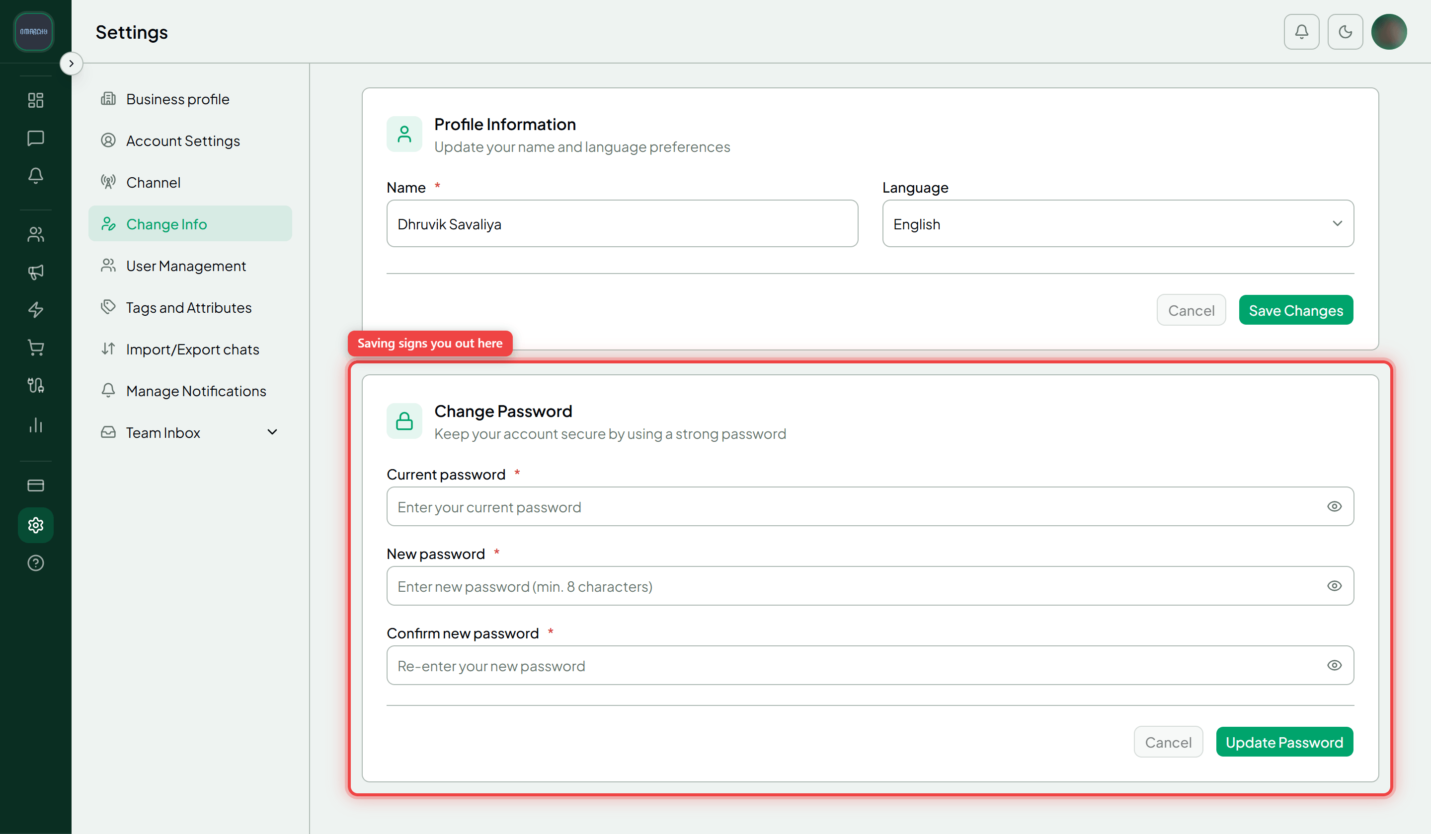 The Change Info tab with the Change Password card and its three password fields highlighted