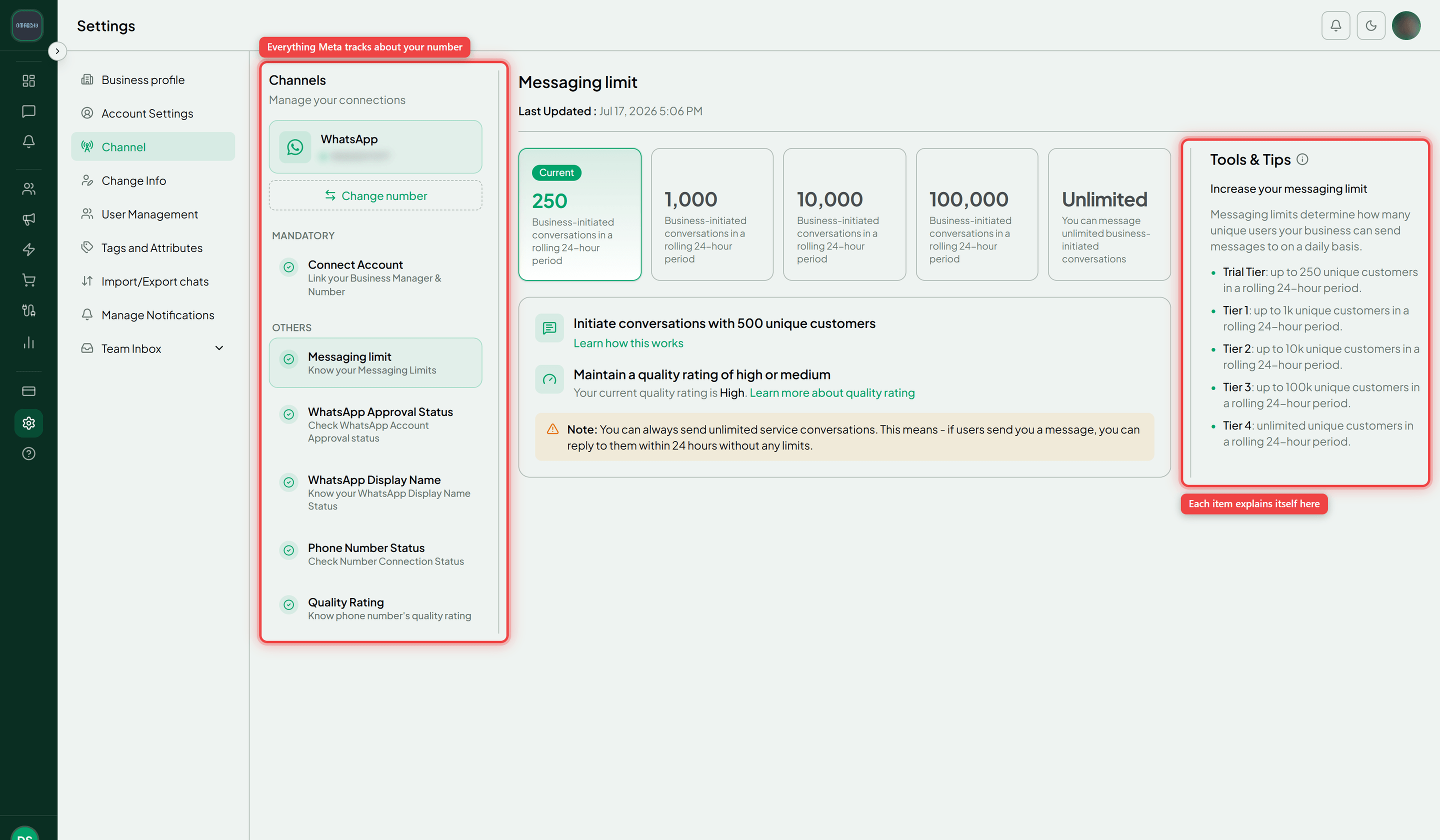 The Channel tab with the status checklist in the left rail and the Tools & Tips panel on the right highlighted