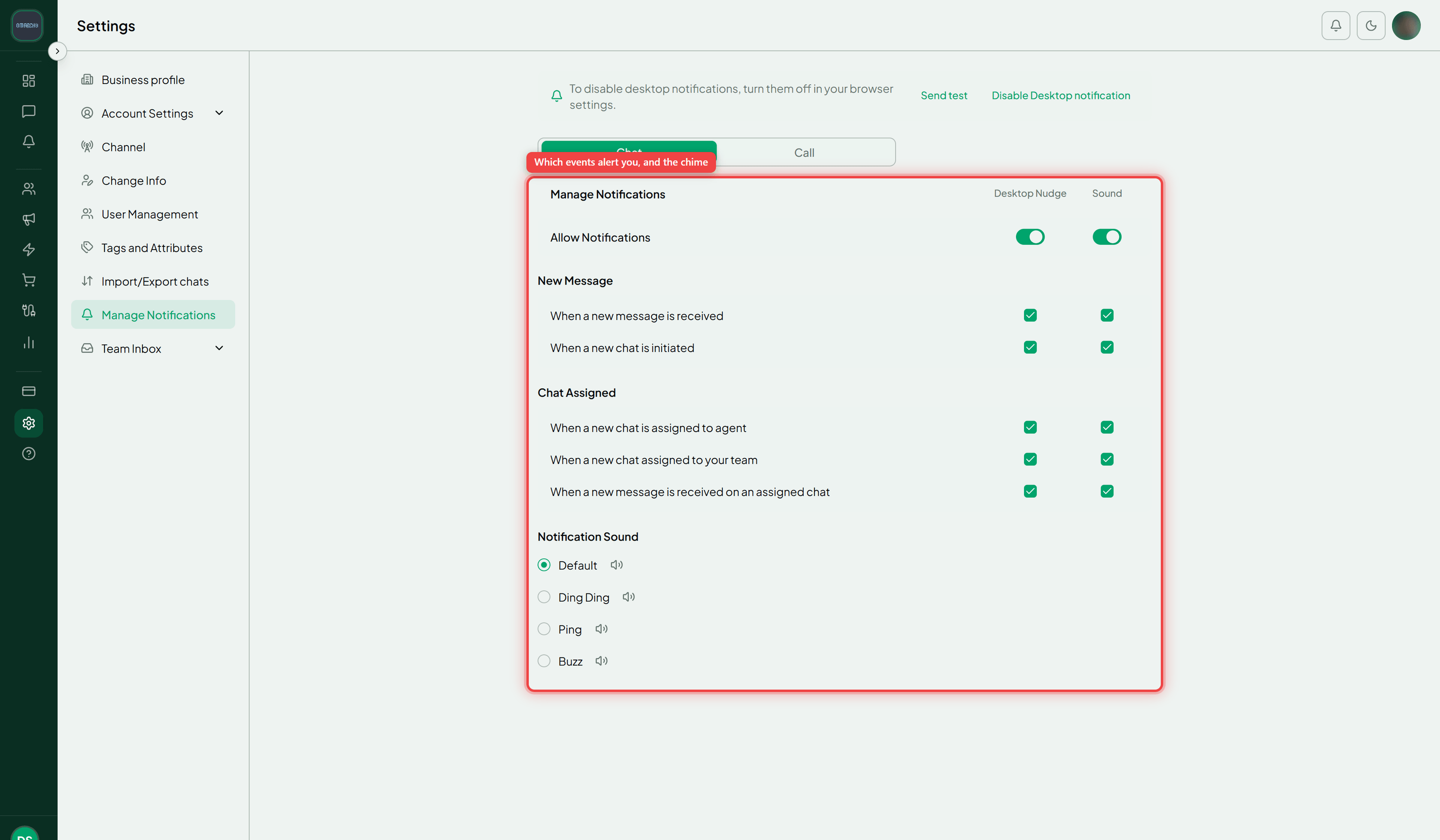 The Chat tab's event grid with the Desktop Nudge and Sound columns and the Notification Sound options highlighted