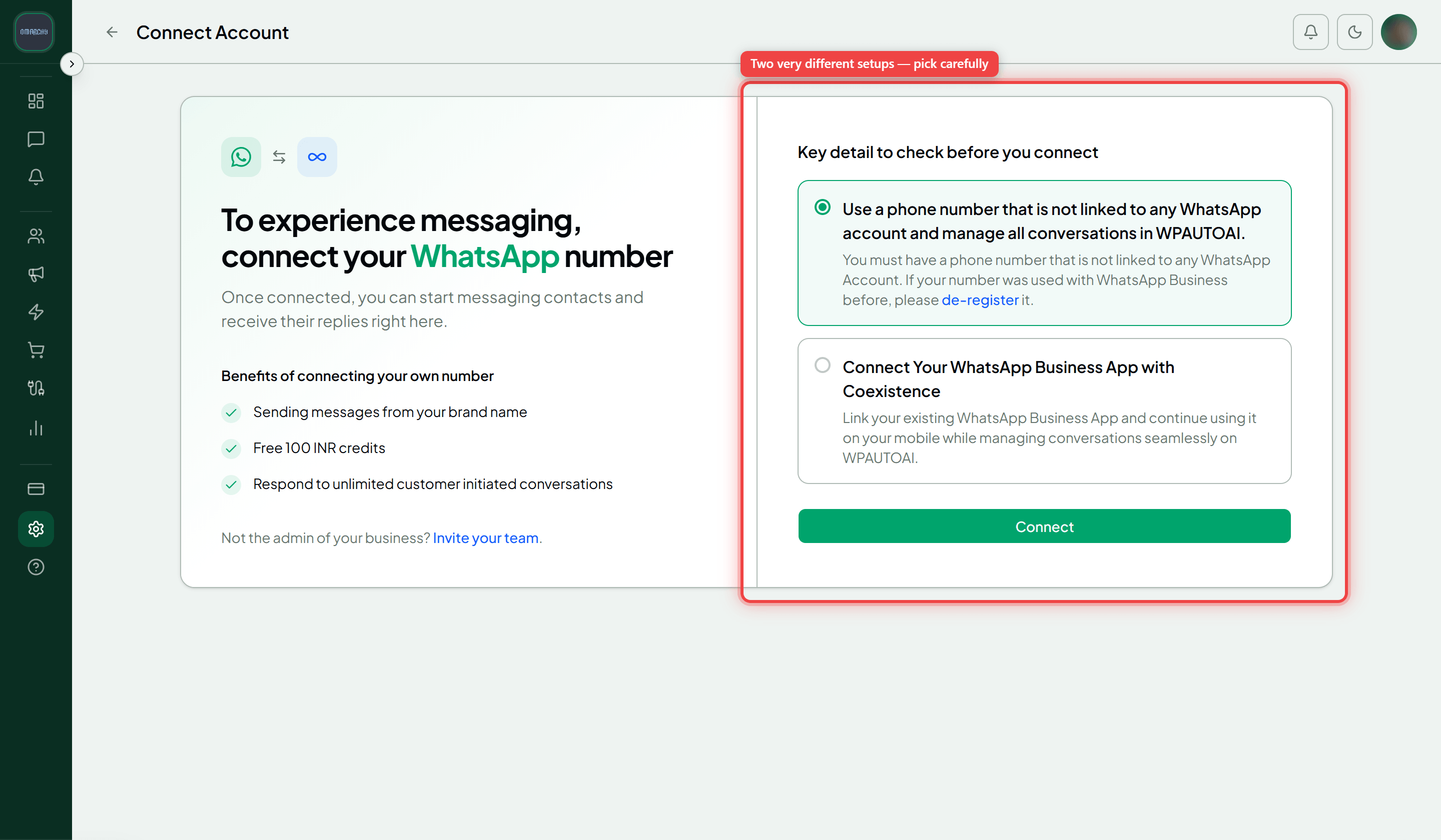 The connect screen with its two options — a number not linked to any WhatsApp account, and Connect Your WhatsApp Business App with Coexistence — highlighted