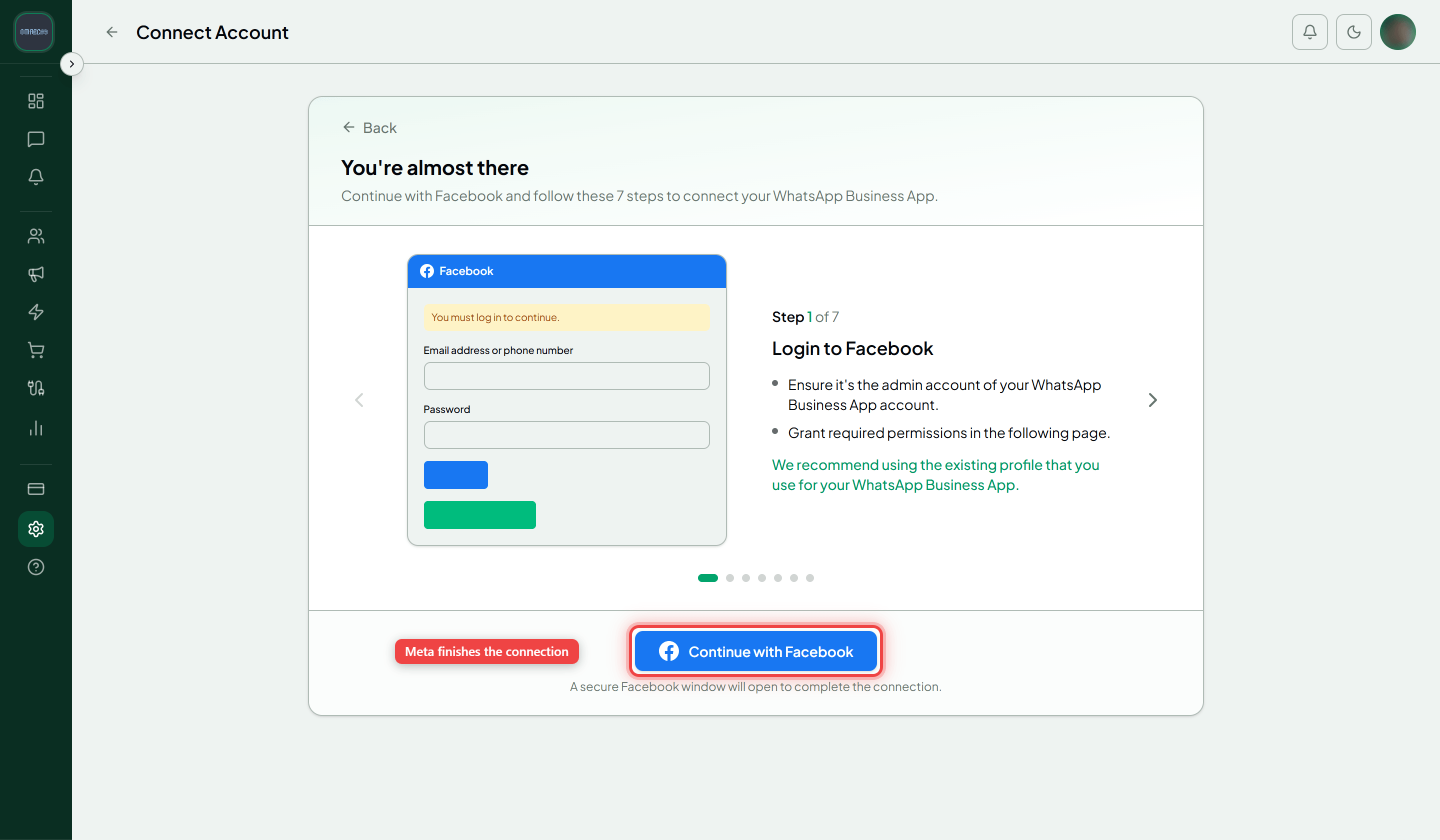 The connect flow's step-by-step carousel with the Continue with Facebook button highlighted