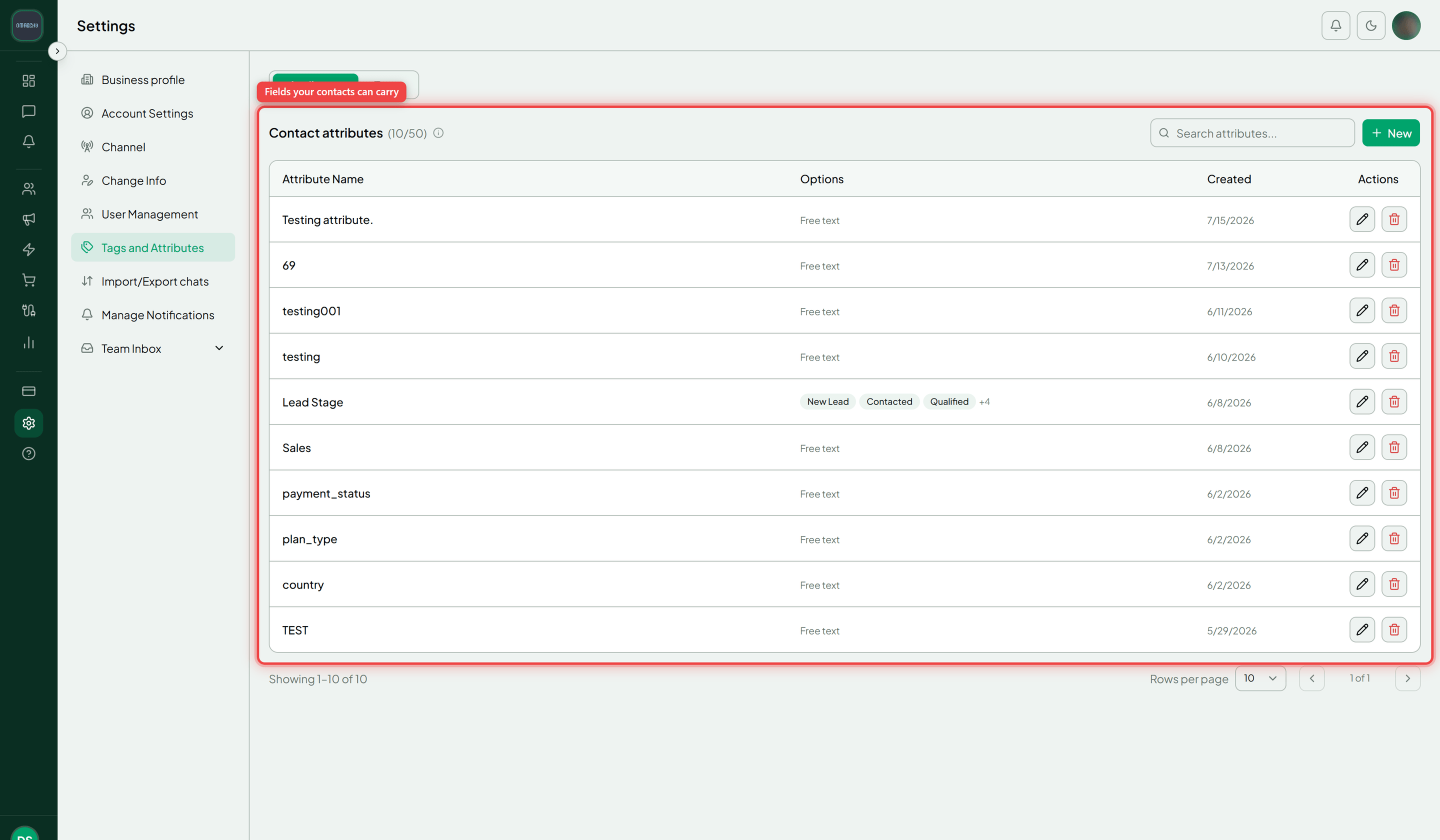 The Tags and Attributes tab with the Attributes list and its New button highlighted
