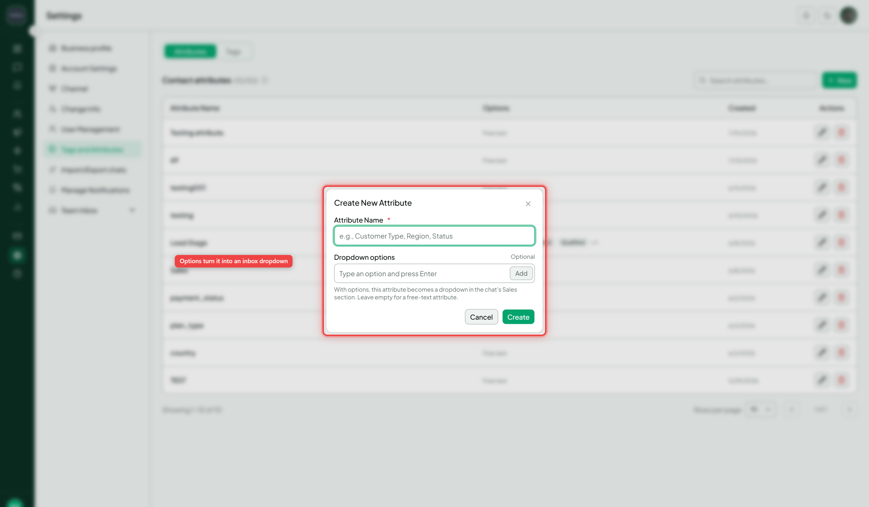 The Create New Attribute dialog with the Attribute Name and Dropdown options fields highlighted