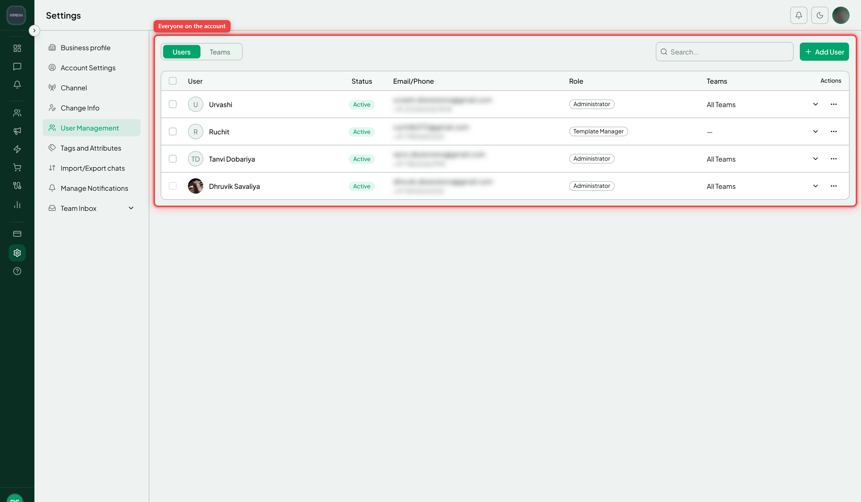 The Users tab with the users table and the Add User button highlighted