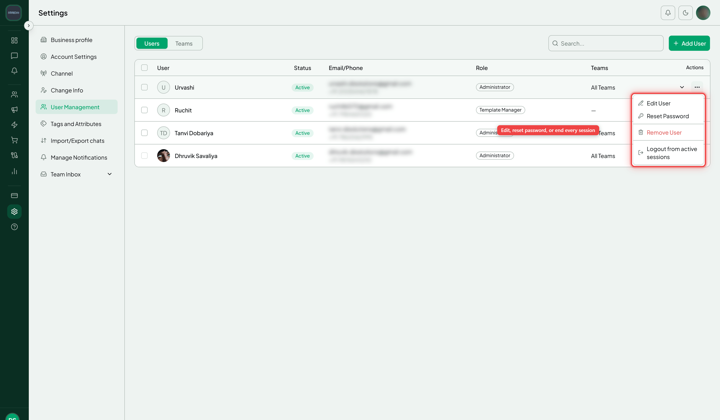 The Users table with a row's action menu open showing Edit User, Reset Password and Logout from active sessions