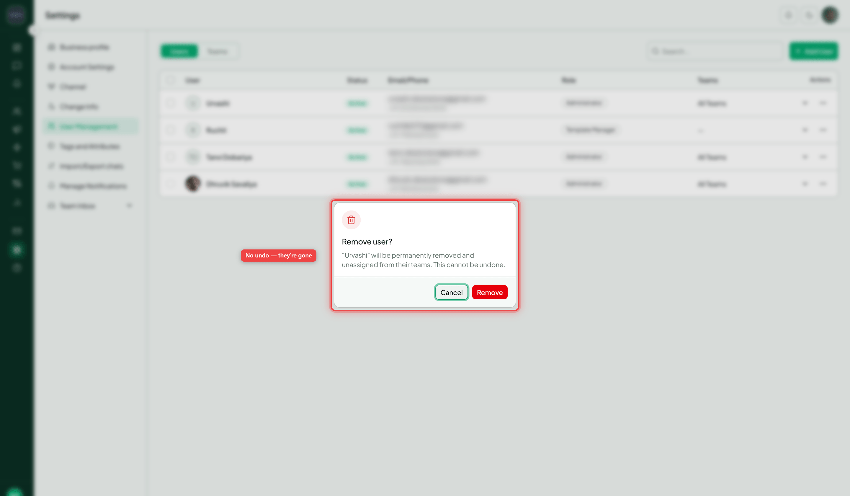 The Users table with the Remove User action and its confirmation dialog highlighted