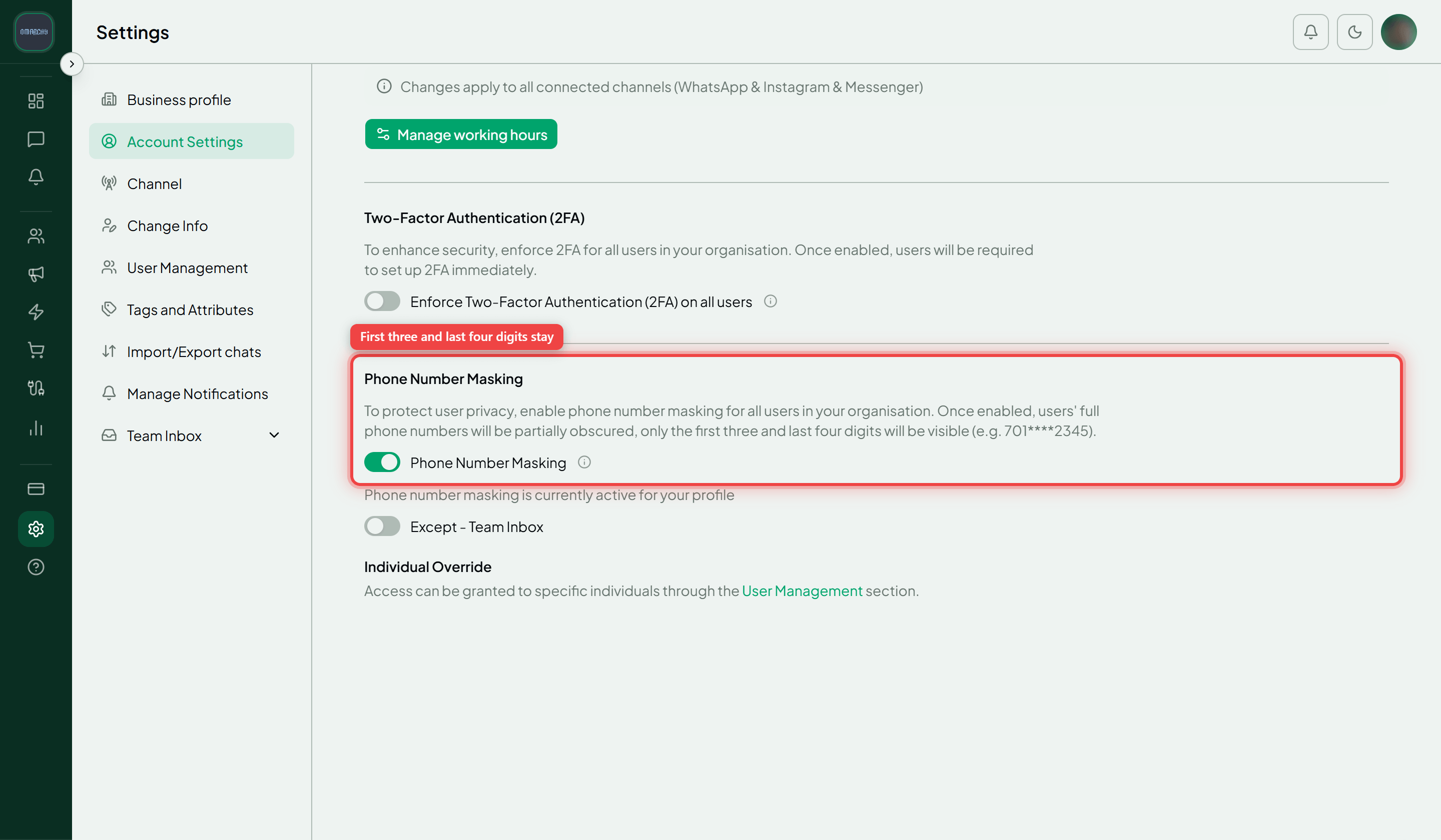 The Account Settings tab with the Phone Number Masking section and its switch highlighted