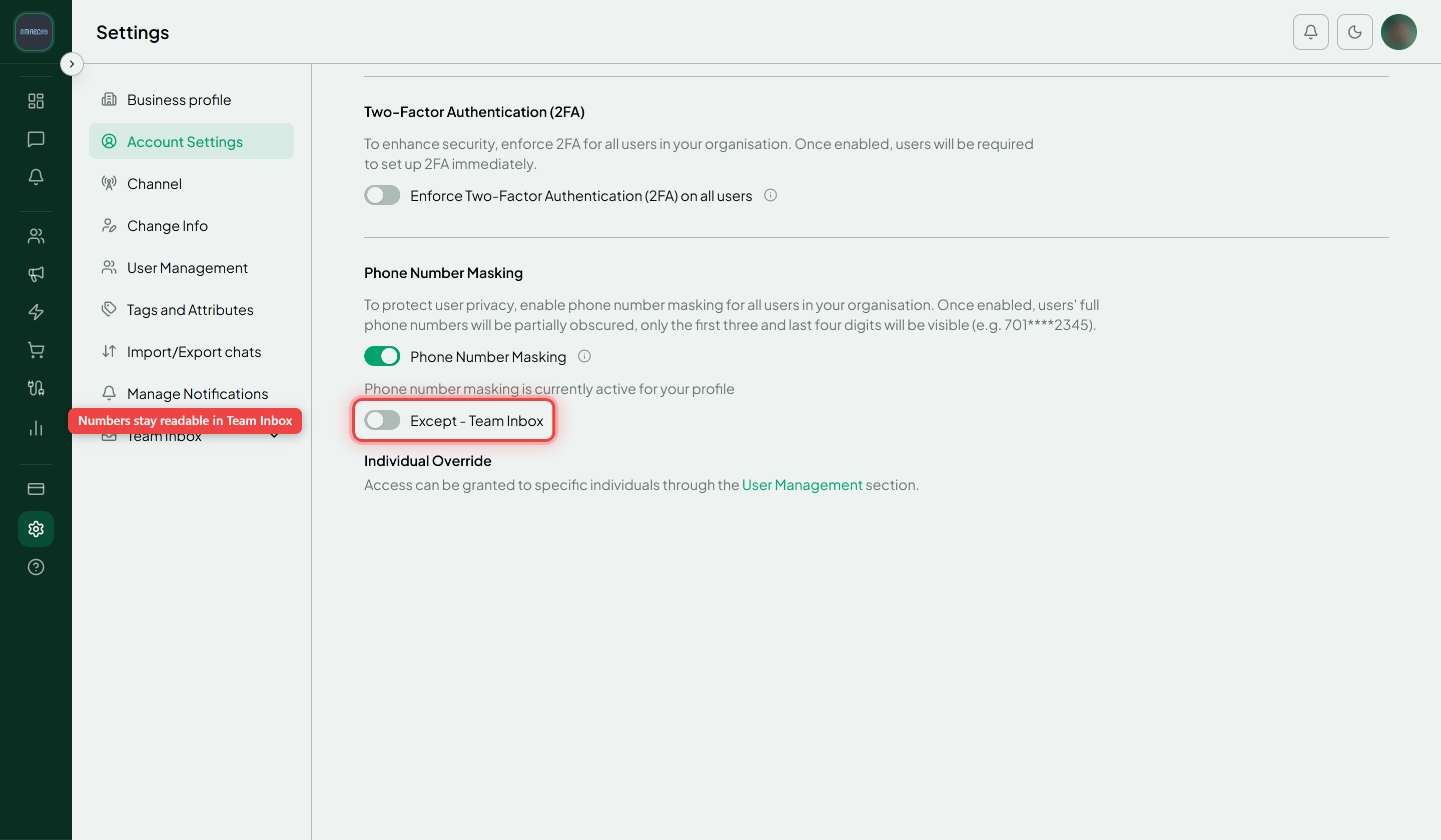 The Phone Number Masking section with the Except - Team Inbox switch highlighted