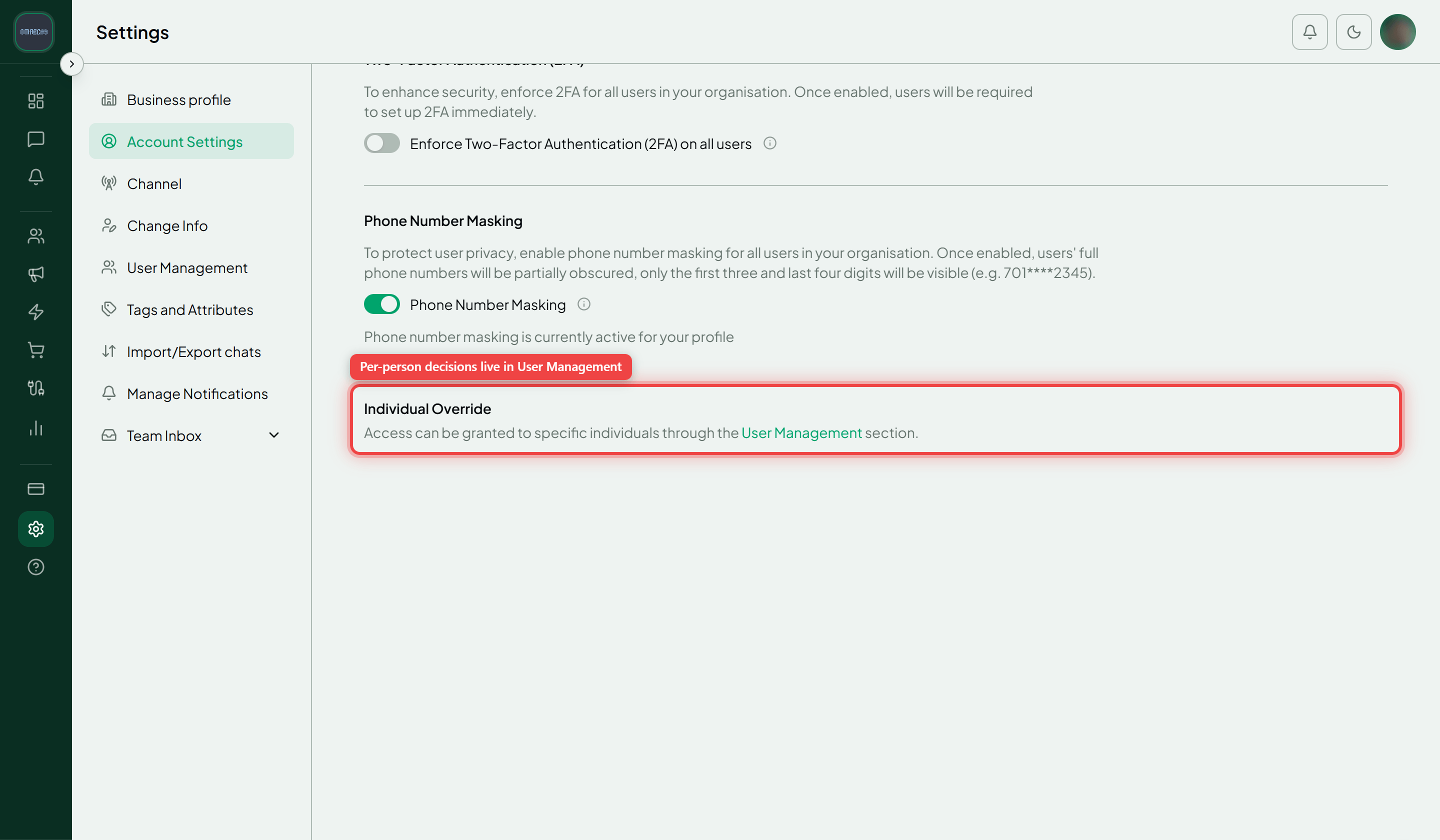 The Account Settings tab with the Individual Override note and its User Management link highlighted
