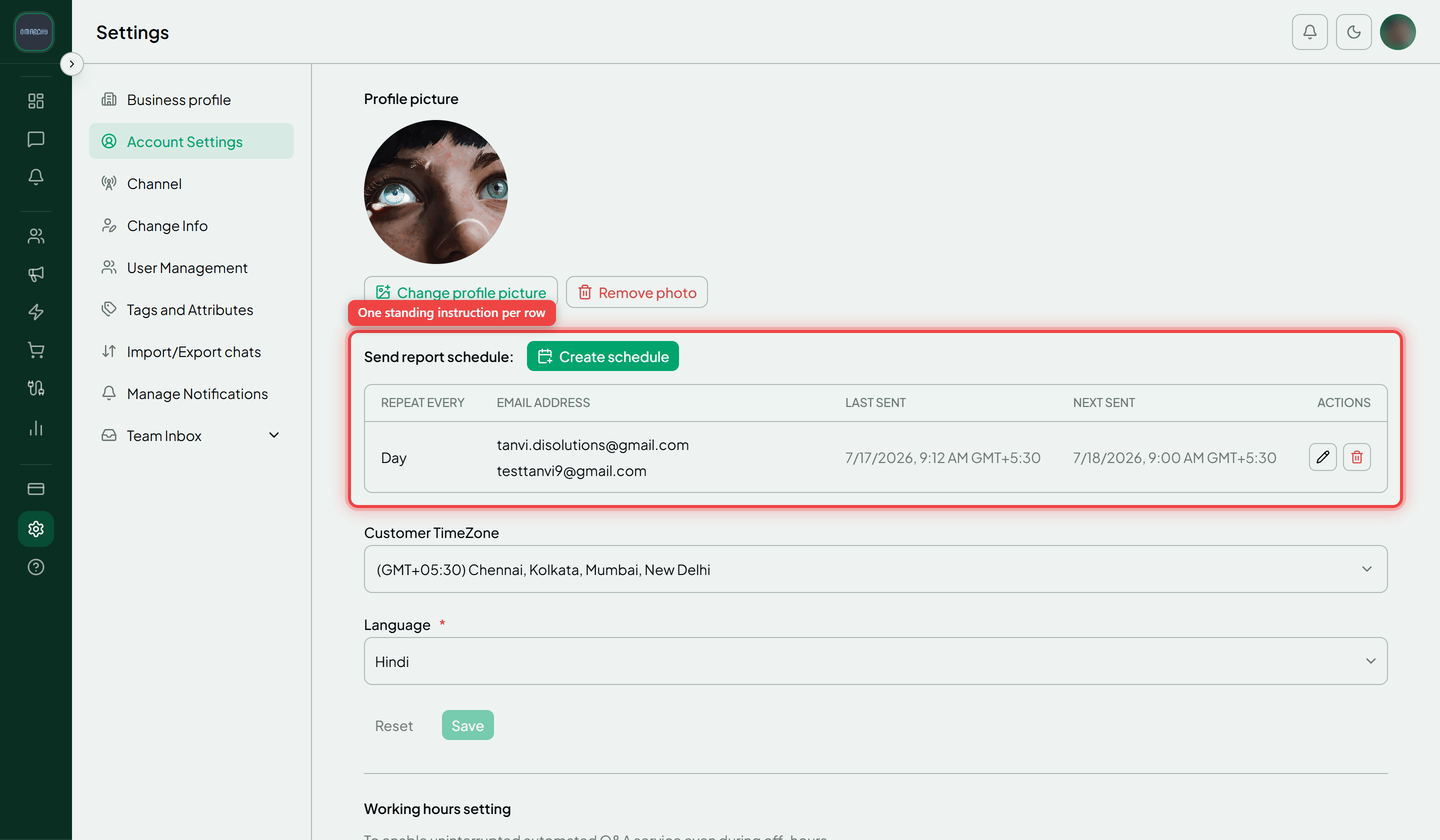The Account Settings tab with the Send report schedule section and its list of schedules highlighted