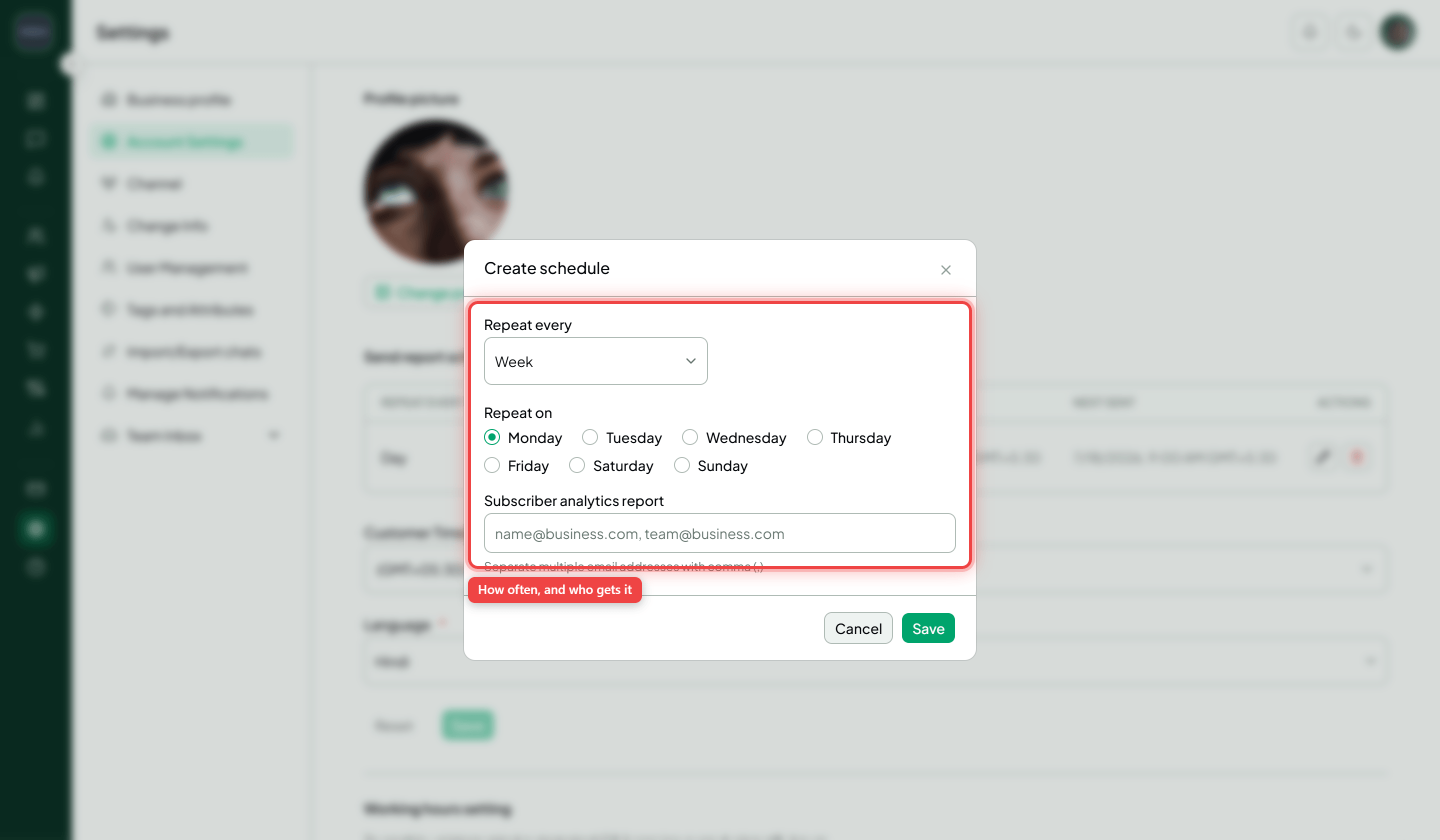 The Create schedule dialog showing the Repeat every options and the recipients field