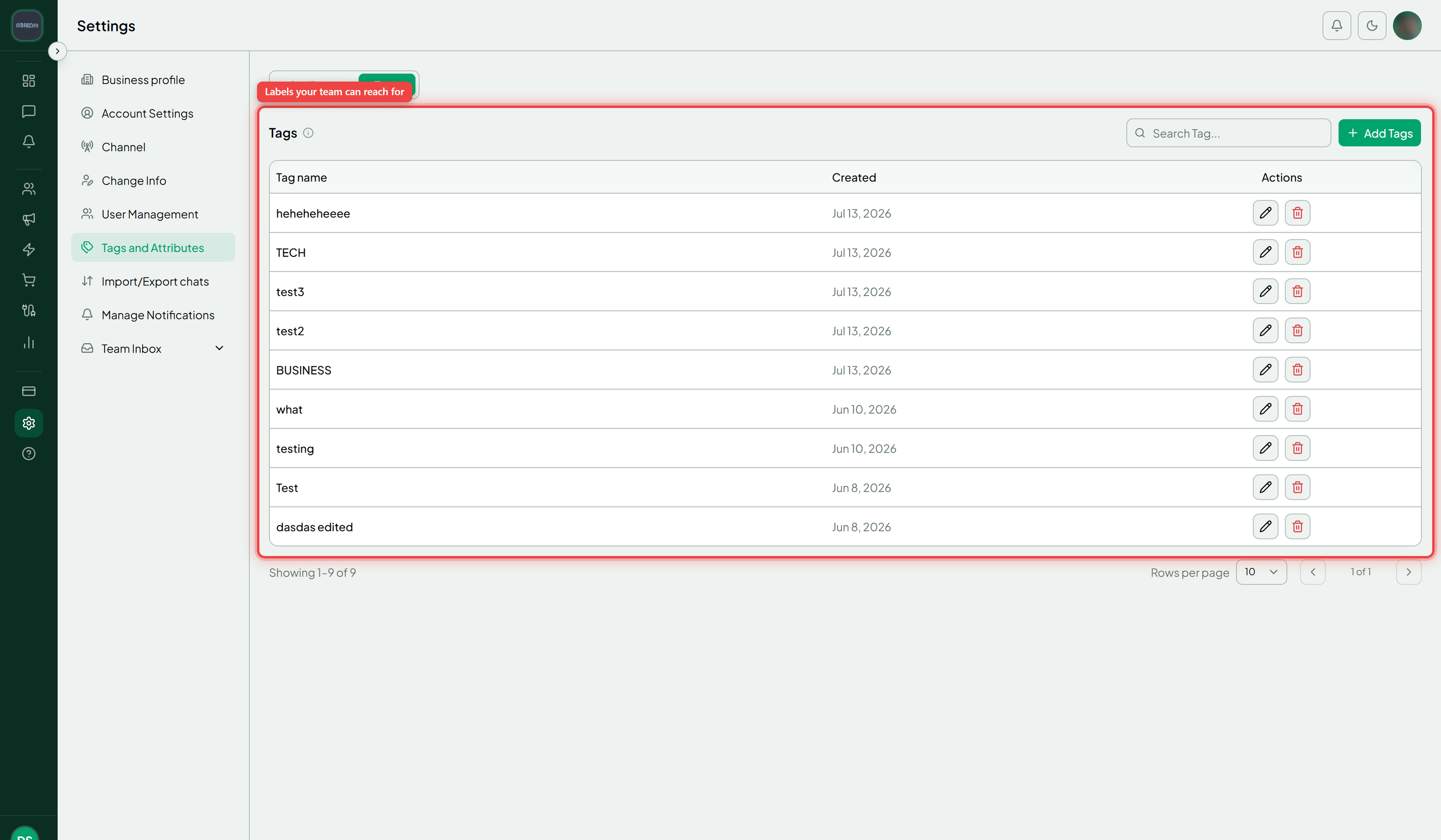 The Tags and Attributes tab switched to Tags, with the tag list and its Add Tags button highlighted