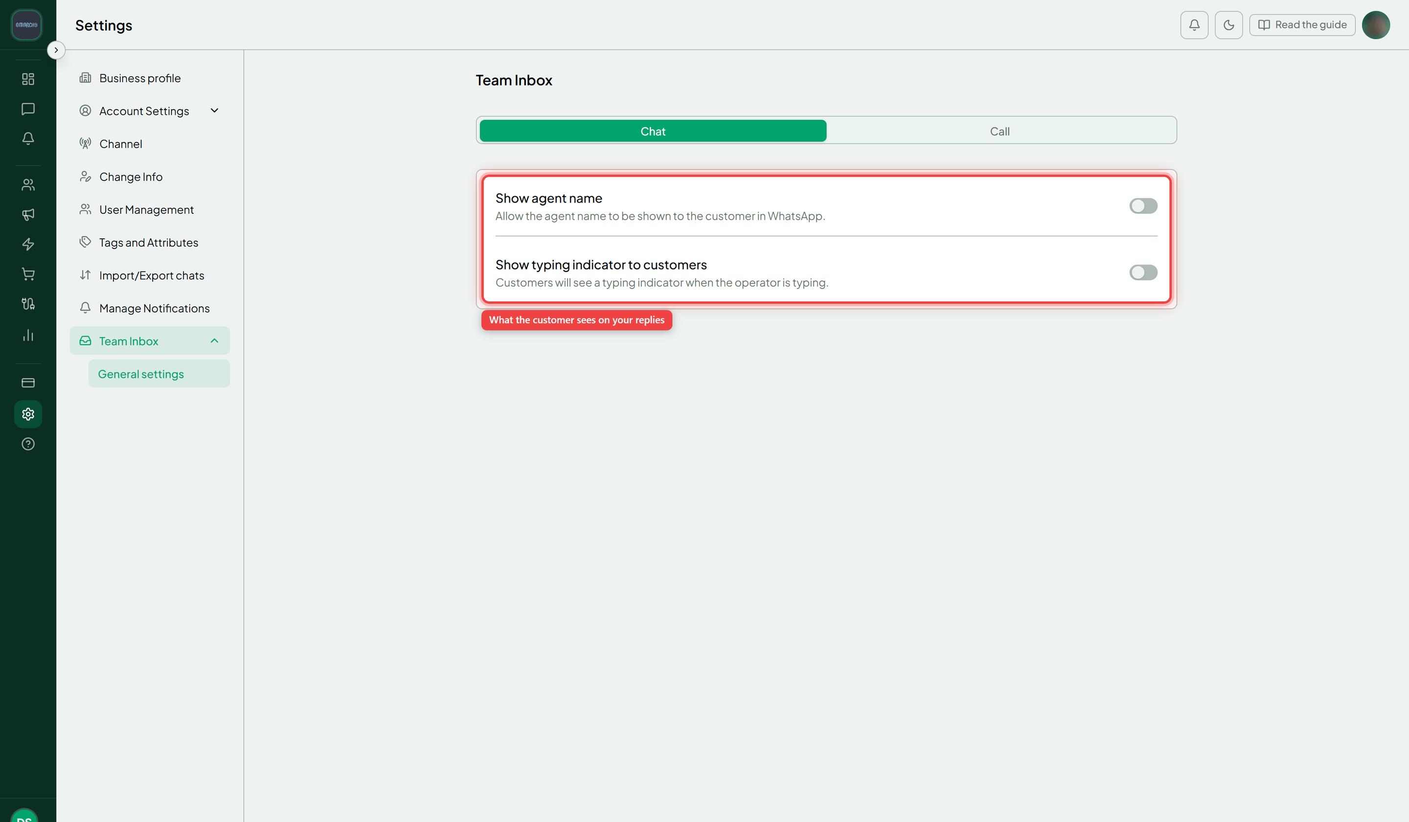 The Team Inbox General settings on the Chat view with the Show agent name and Show typing indicator switches highlighted