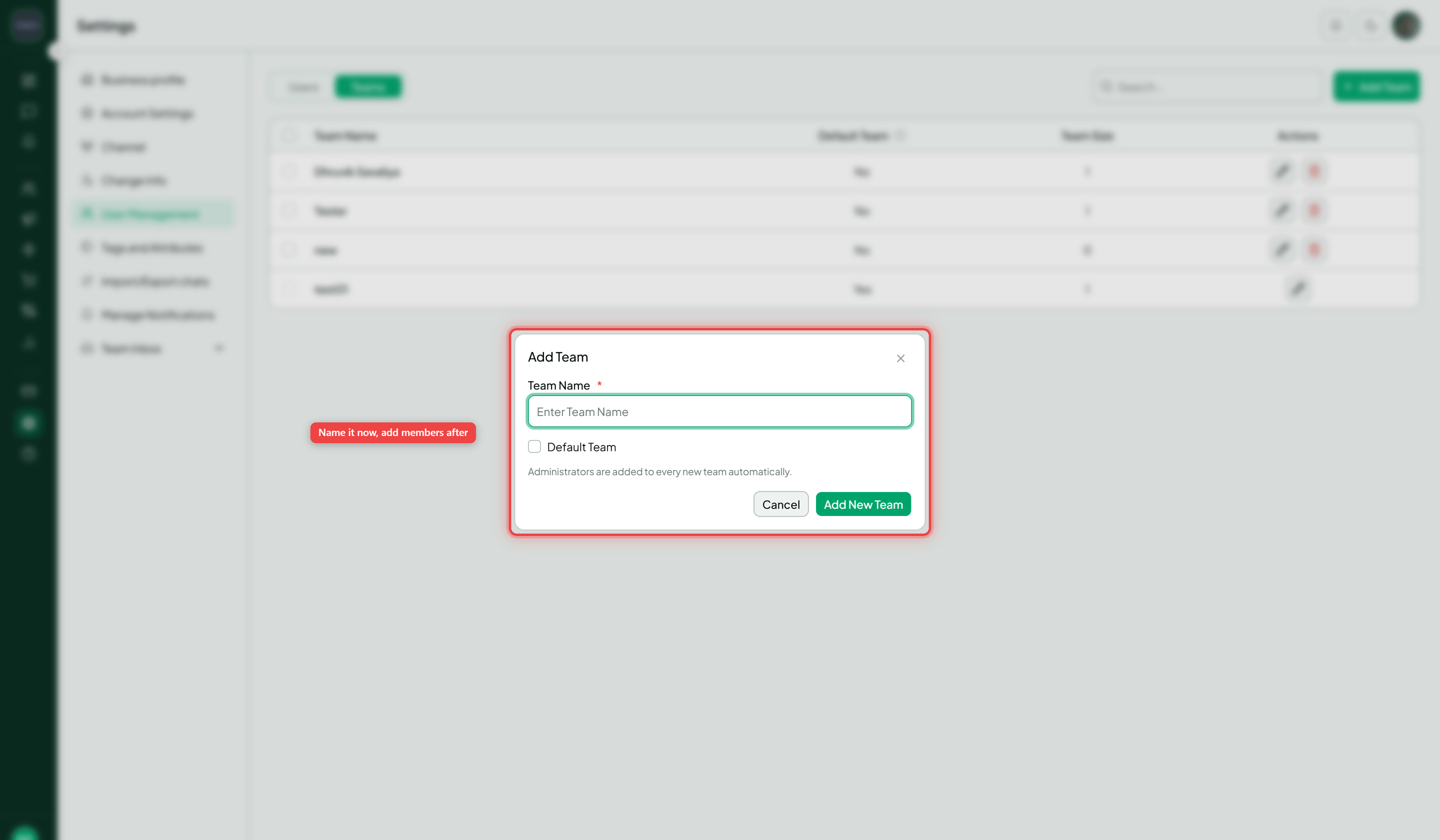 The Add Team dialog with the team name field highlighted