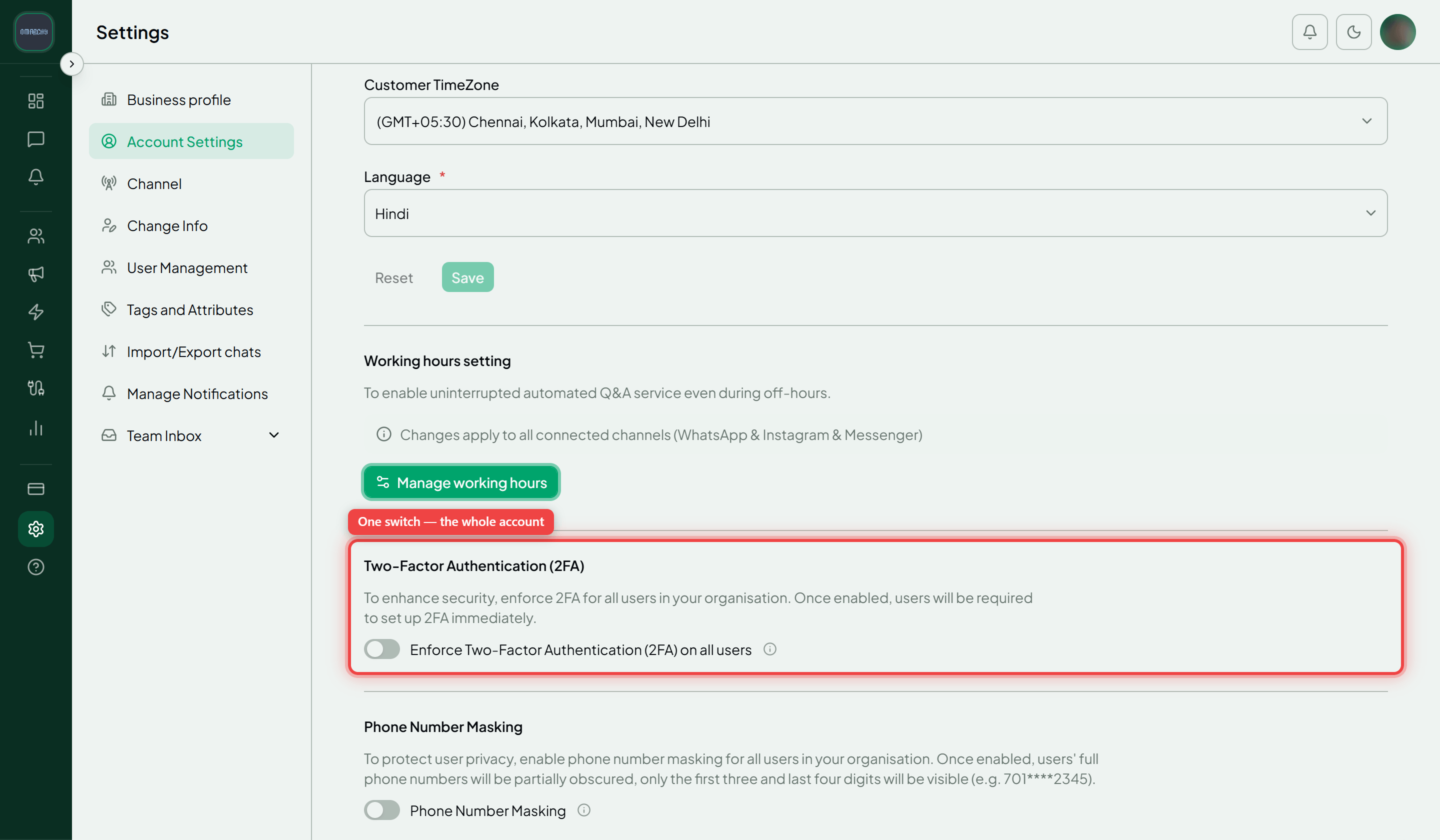 The Account Settings tab with the Two-Factor Authentication section and its enforce switch highlighted