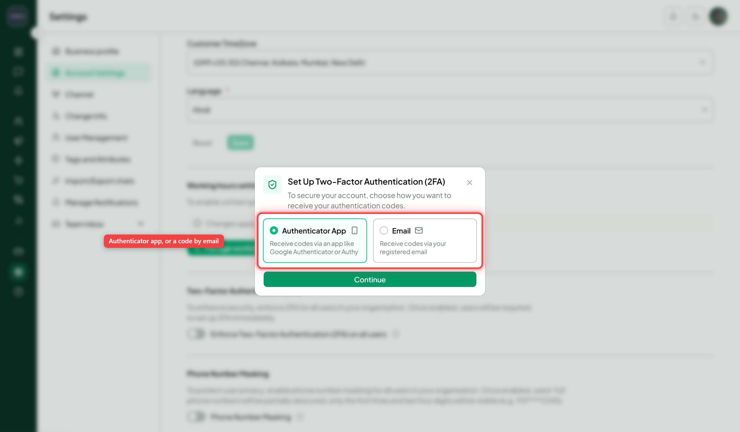 The Two-Factor Authentication setup dialog showing the Authenticator app and Email method options