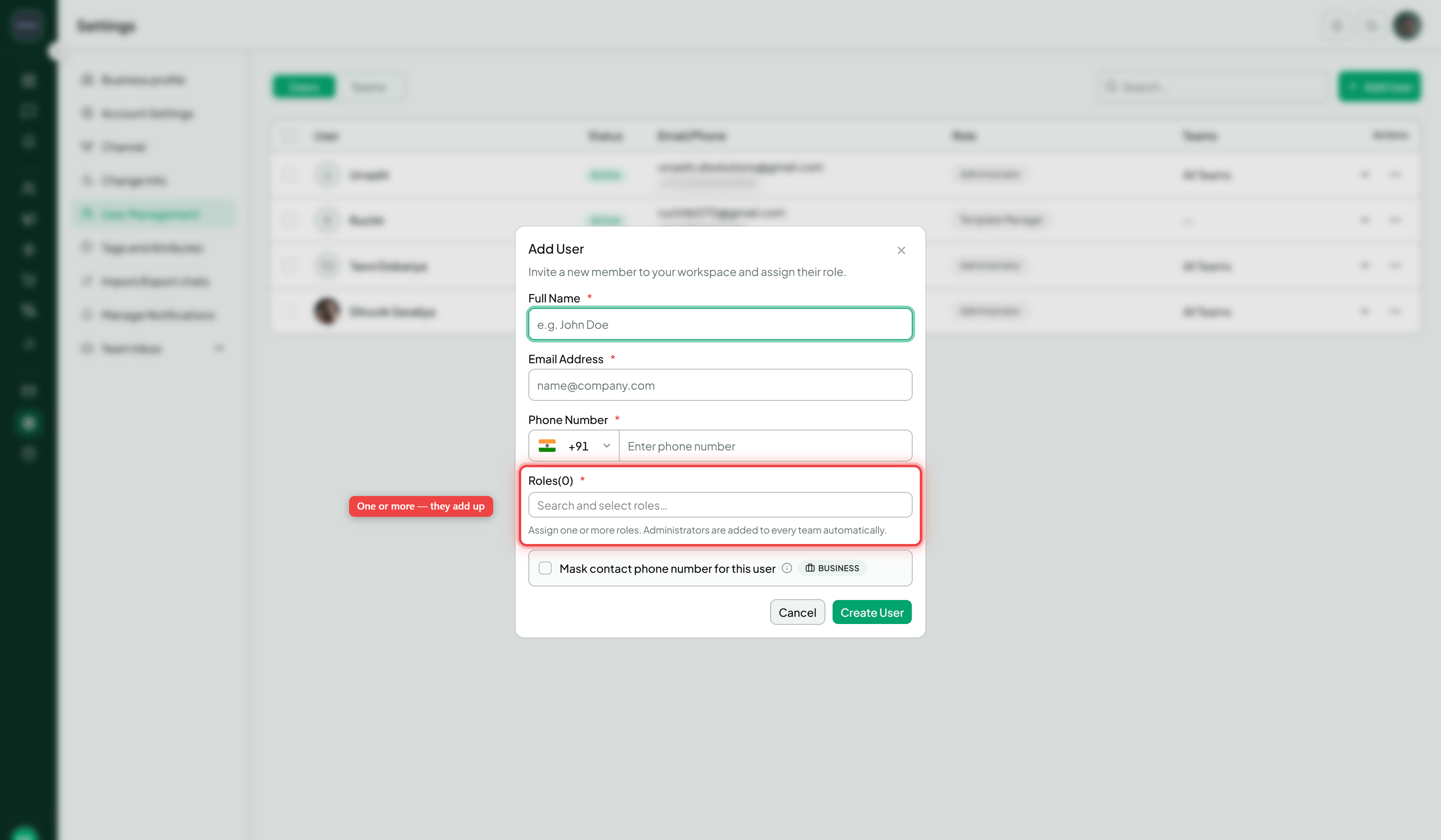 The Add User dialog with the Roles field highlighted