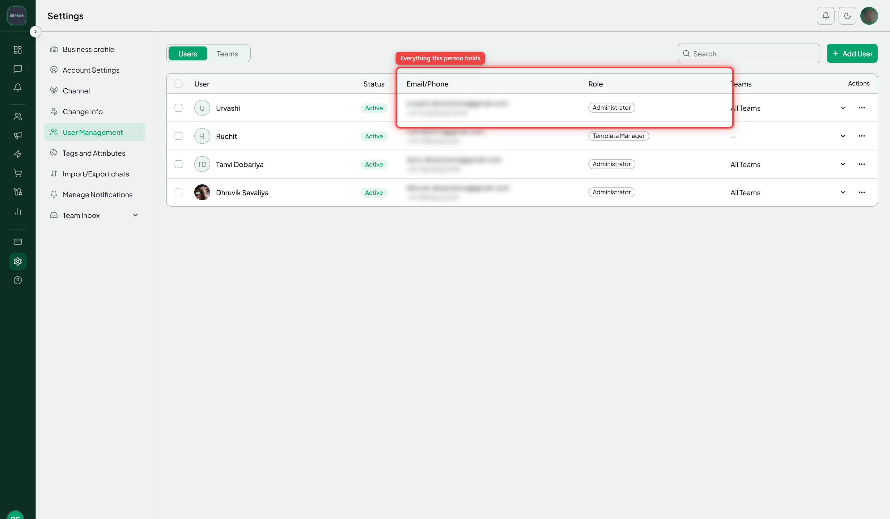 The Users table with the Role column highlighted showing users holding more than one role