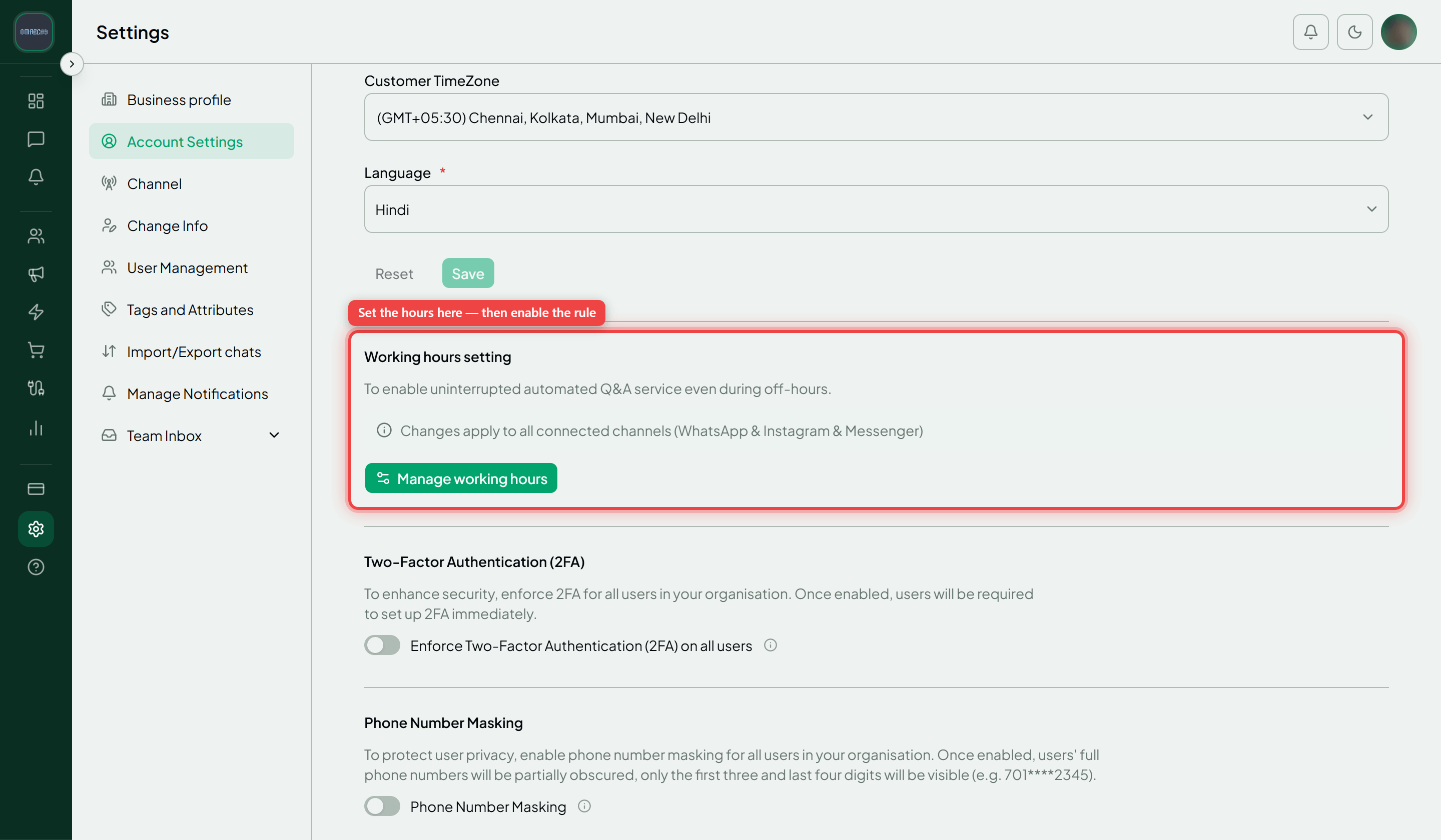 The Account Settings tab with the Working hours setting section and its Manage working hours button highlighted