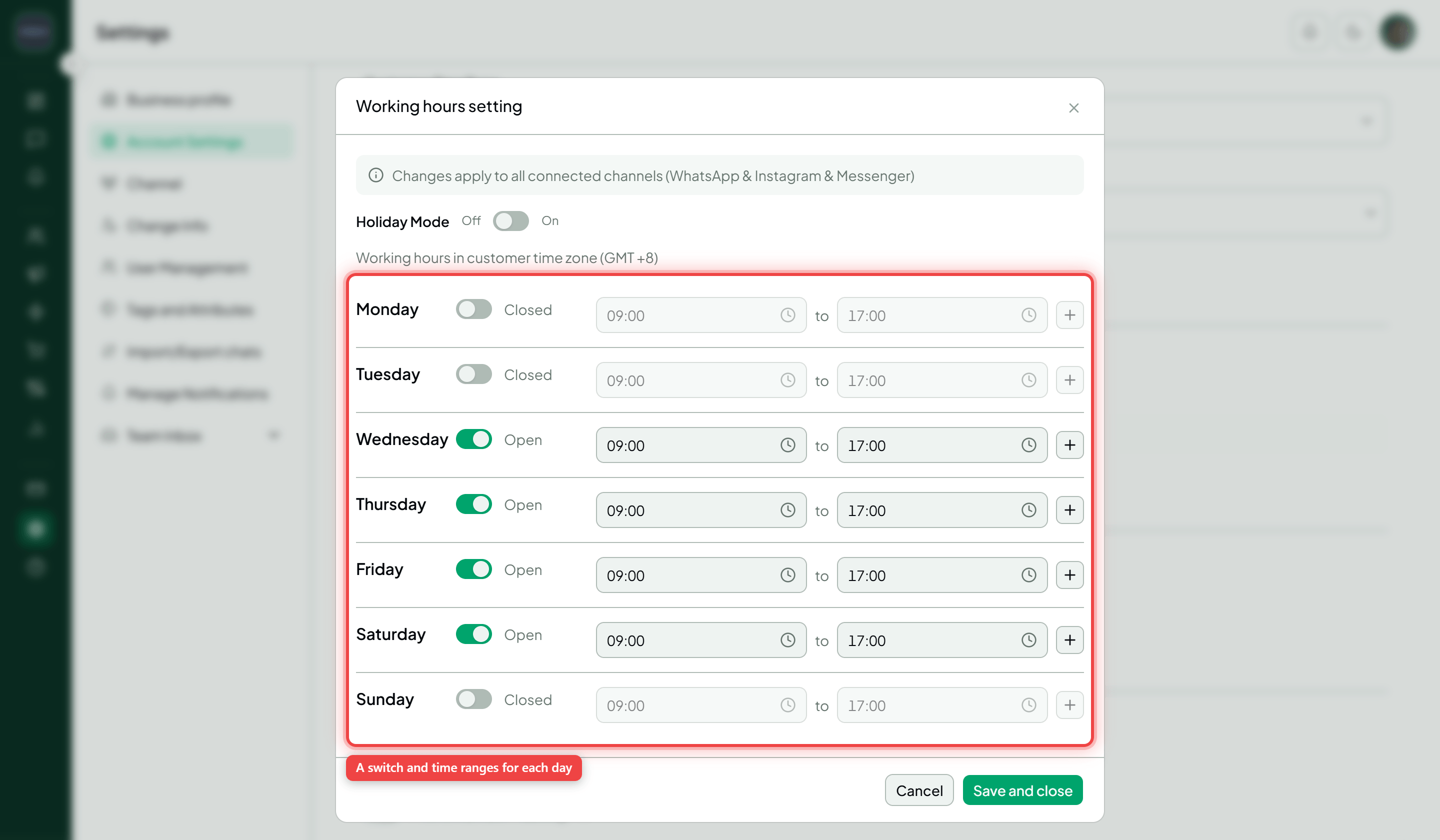 The Manage working hours dialog showing the per-day open switches and time ranges