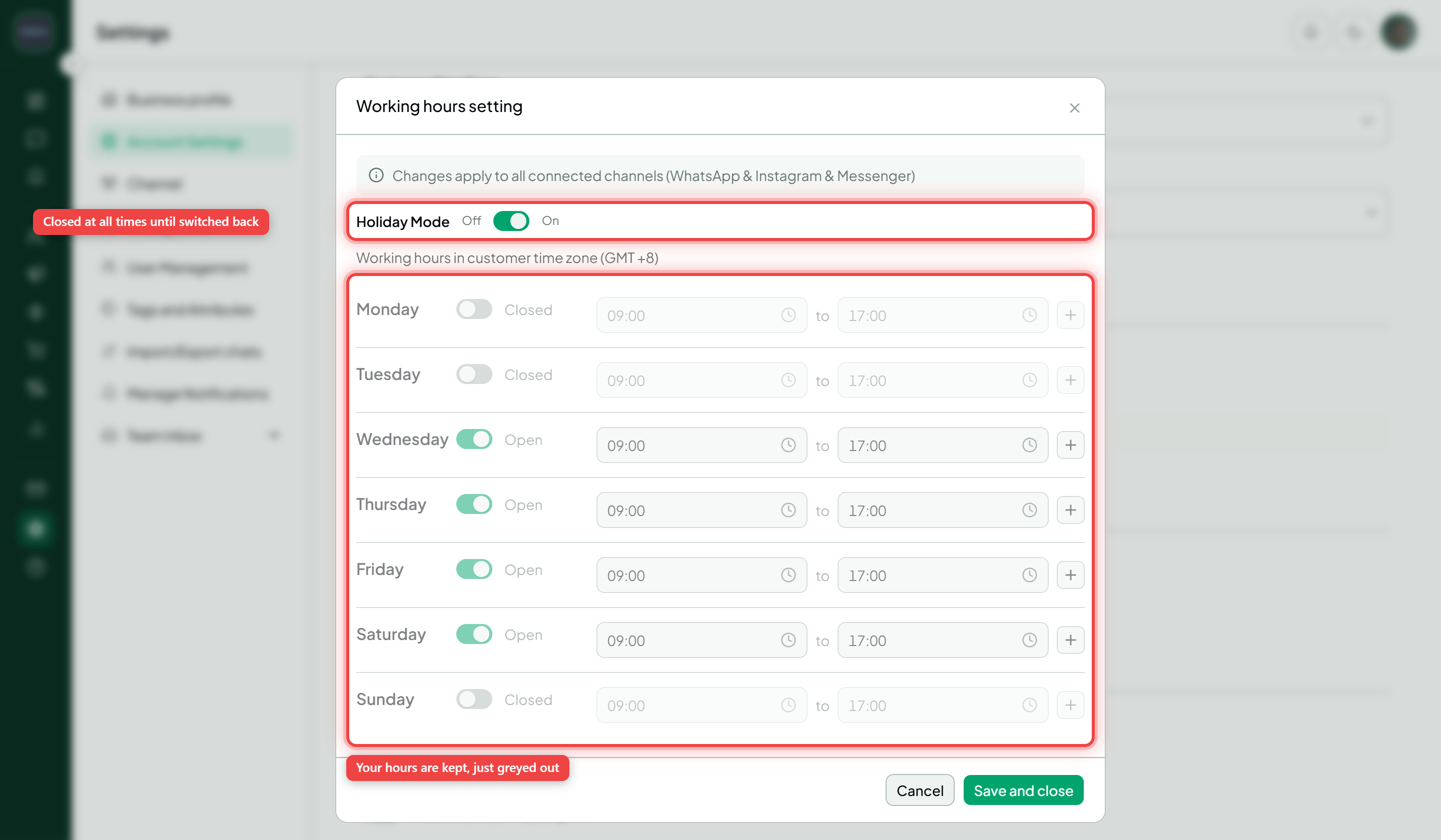 The Manage working hours dialog with Holiday mode switched on and the day grid greyed out